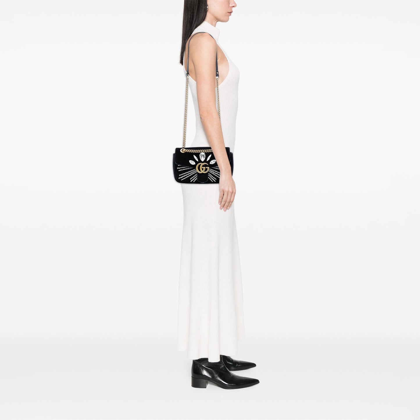 Gucci Medium GG Marmont Matelasse Velvet Crystal Embellished Shoulder Bag