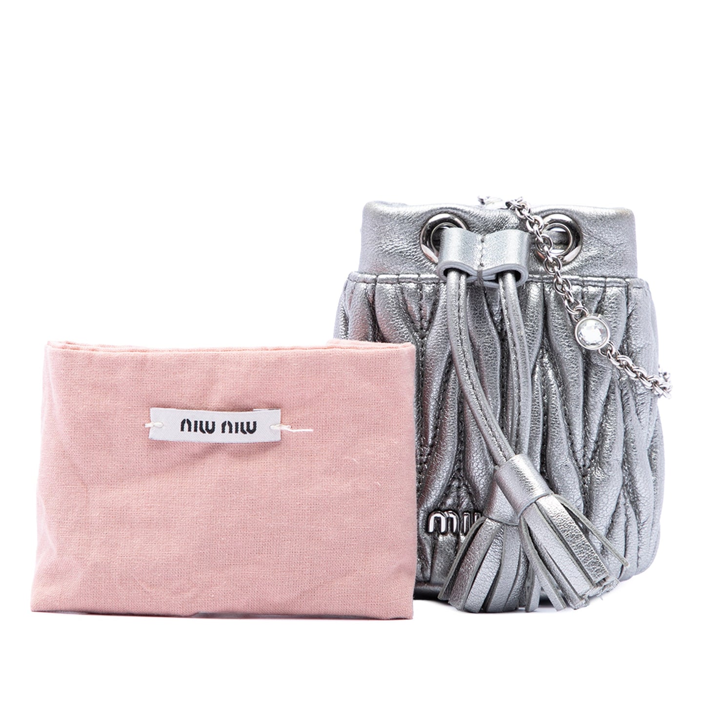 Miu Miu Mini Metallic Matelasse Nappa Crystal Chain Bucket Bag