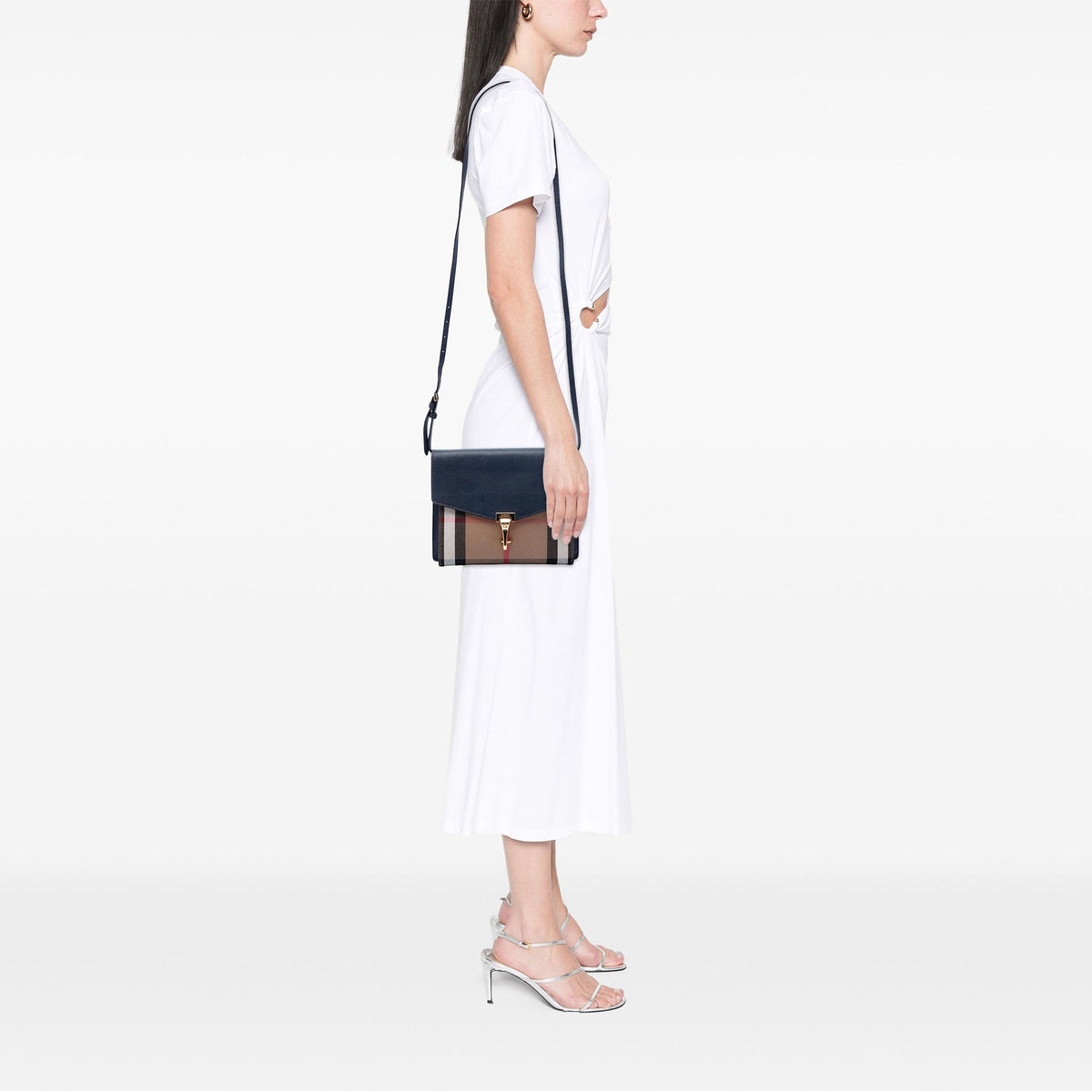 Burberry Small Leather and House Check Canvas Derby Macken Crossbody — Blue