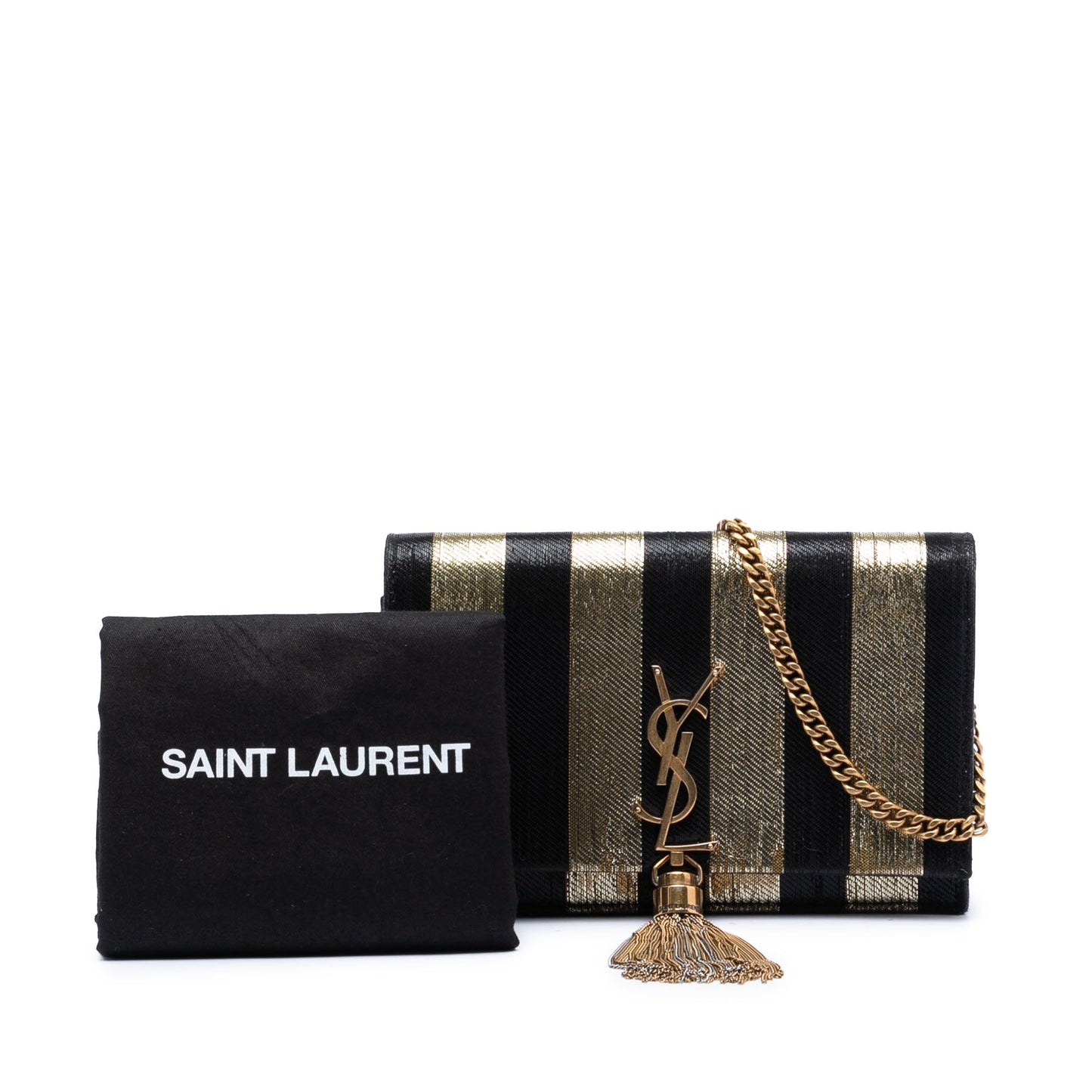 Saint Laurent Metallic Striped Fabric Monogram Kate Tassel Wallet on Chain