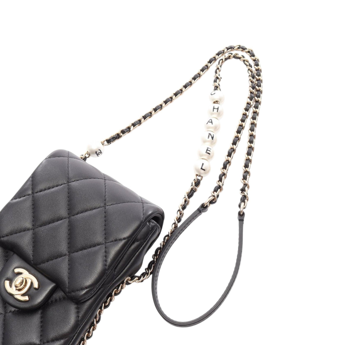 Chanel CC Quilted Lambskin Phone Holder with Chain — Black