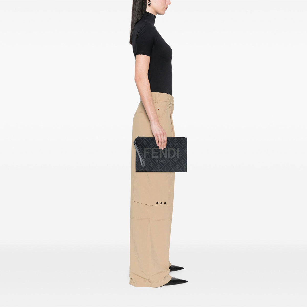Fendi Zucca Coated Canvas FF 1974 Diagonal Logo Flat Pouch