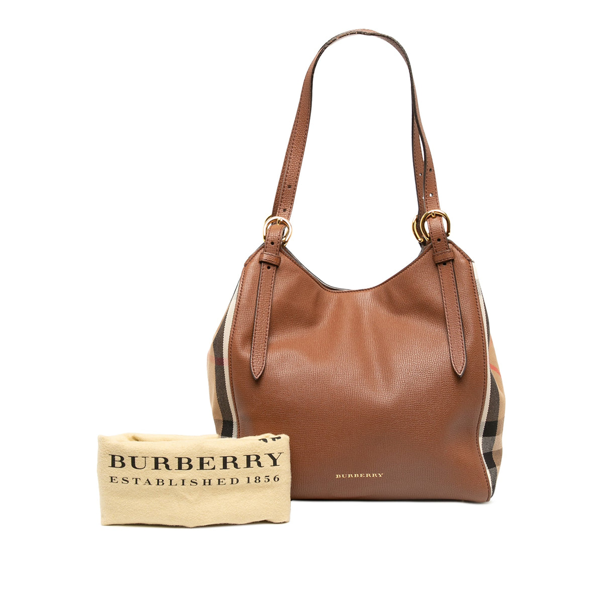 Burberry Small Derby Calfskin and House Check Canvas Canterbury Tote — Brown