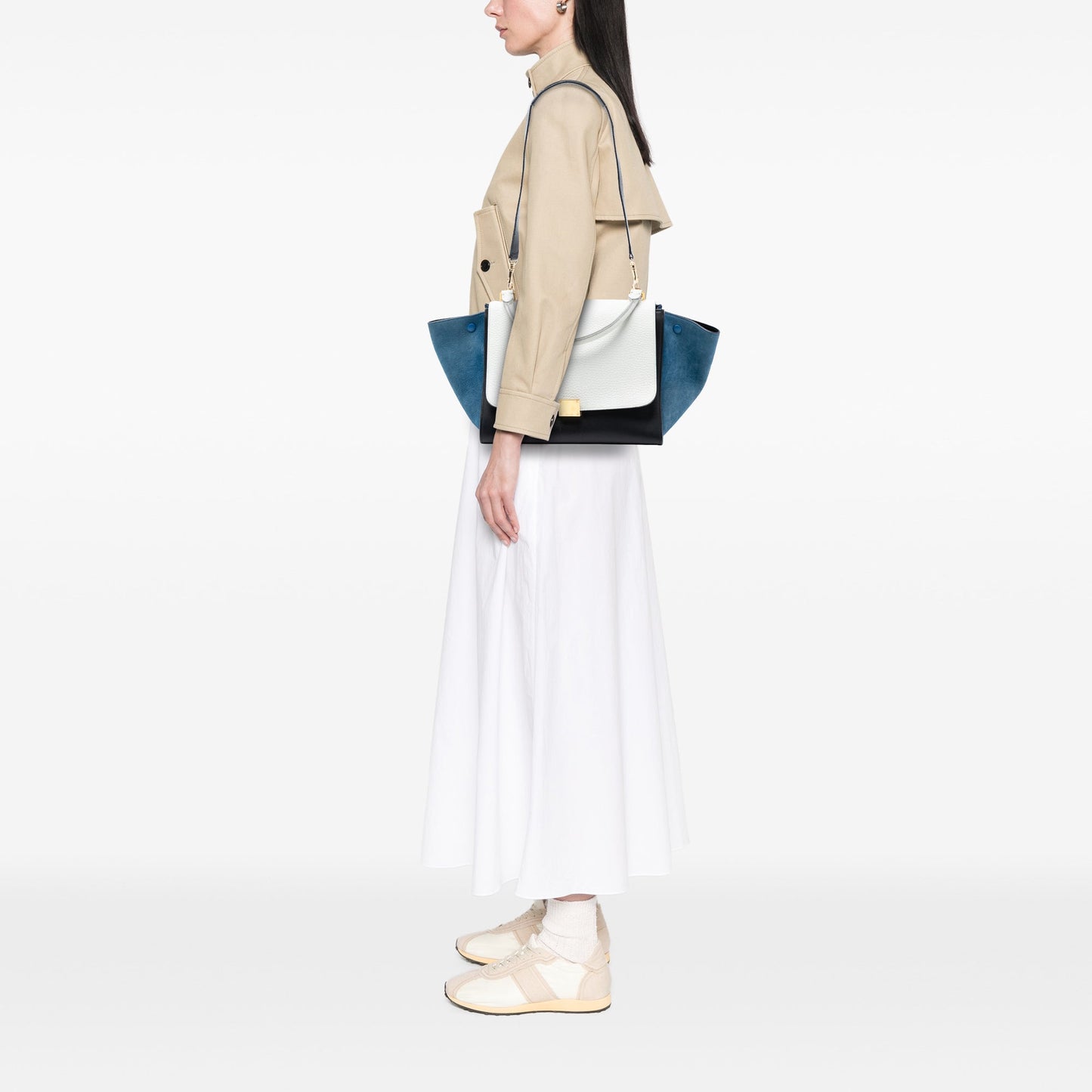Medium Tricolor Calfskin and Nubuck Trapeze Satchel