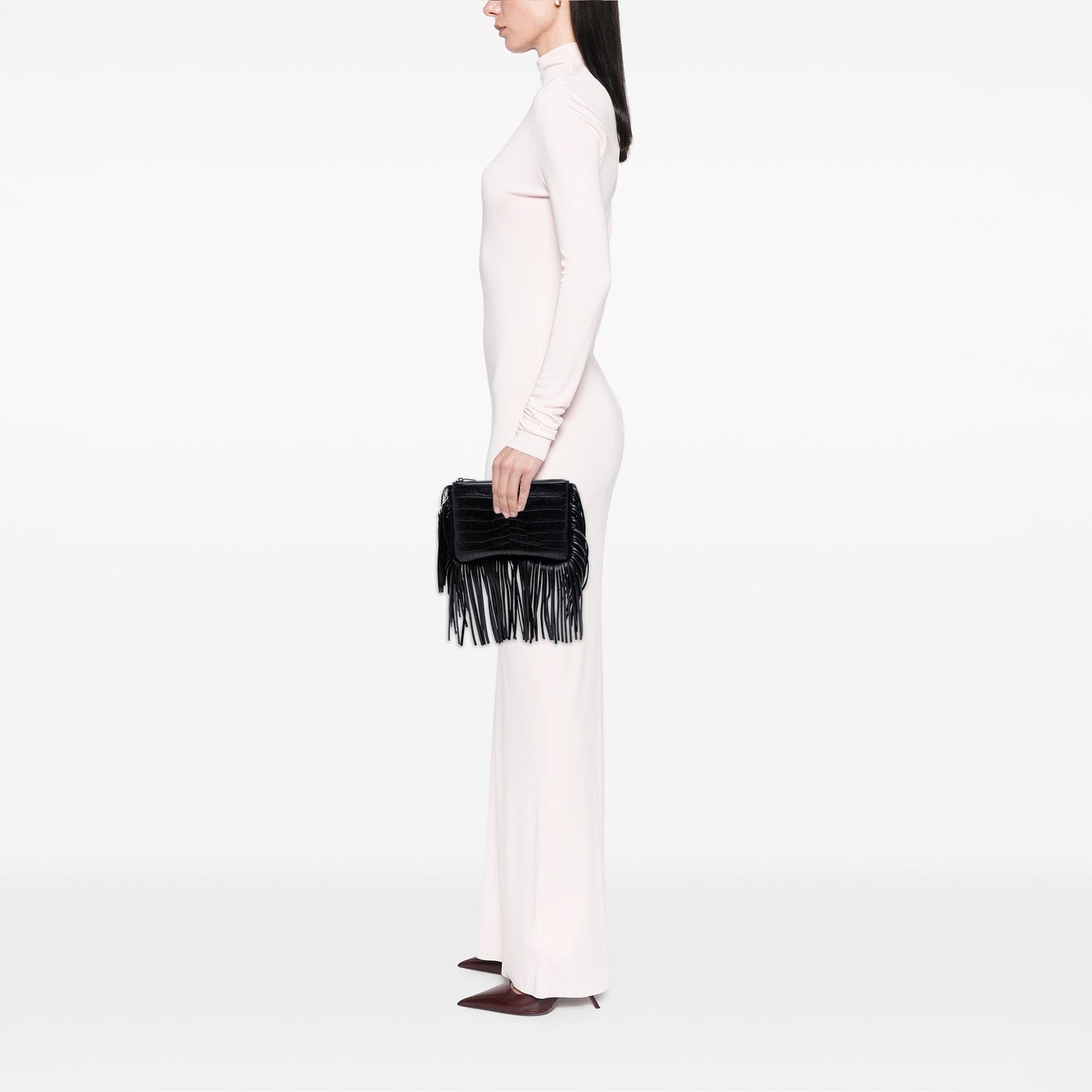 Saint Laurent Croc Embossed Calfskin Monogram Fringe Clutch