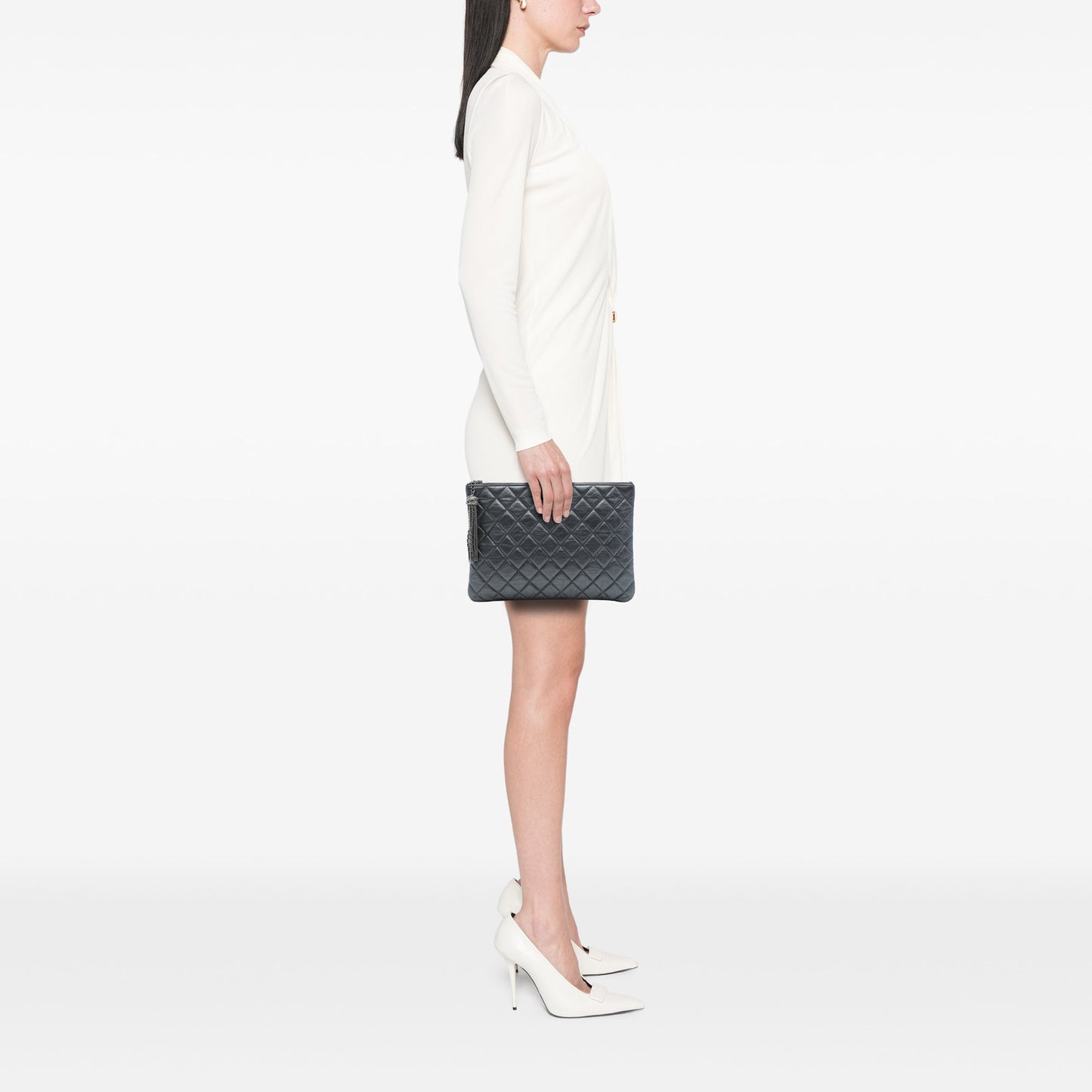 Chanel Medium Quilted Aged Calfskin Chain Tassel O Case Clutch