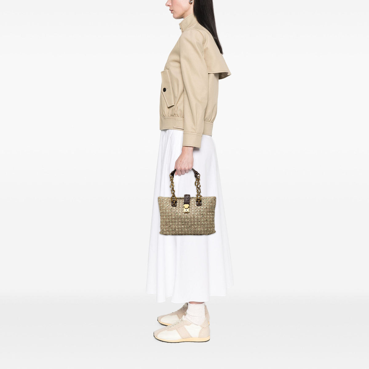 Bottega Veneta Small Printed Nappa Intrecciato Logo Lock Chain Tote — Brown