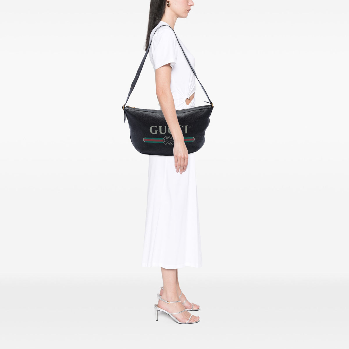 Gucci Grained Calfskin Logo Half Moon Crossbody — Black
