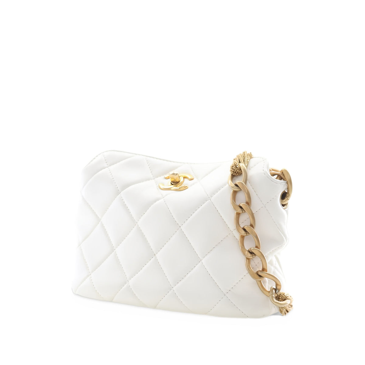 Chanel Small CC Quilted Lambskin Chain Hobo — White