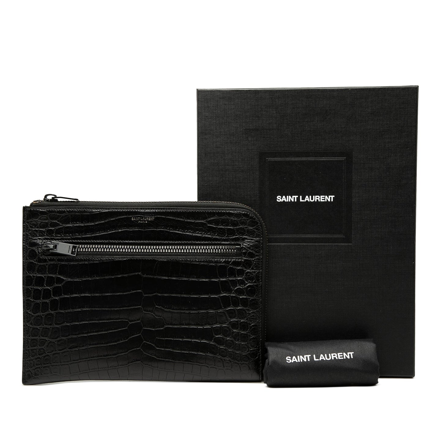 Saint Laurent Croc Embossed Leather Clutch