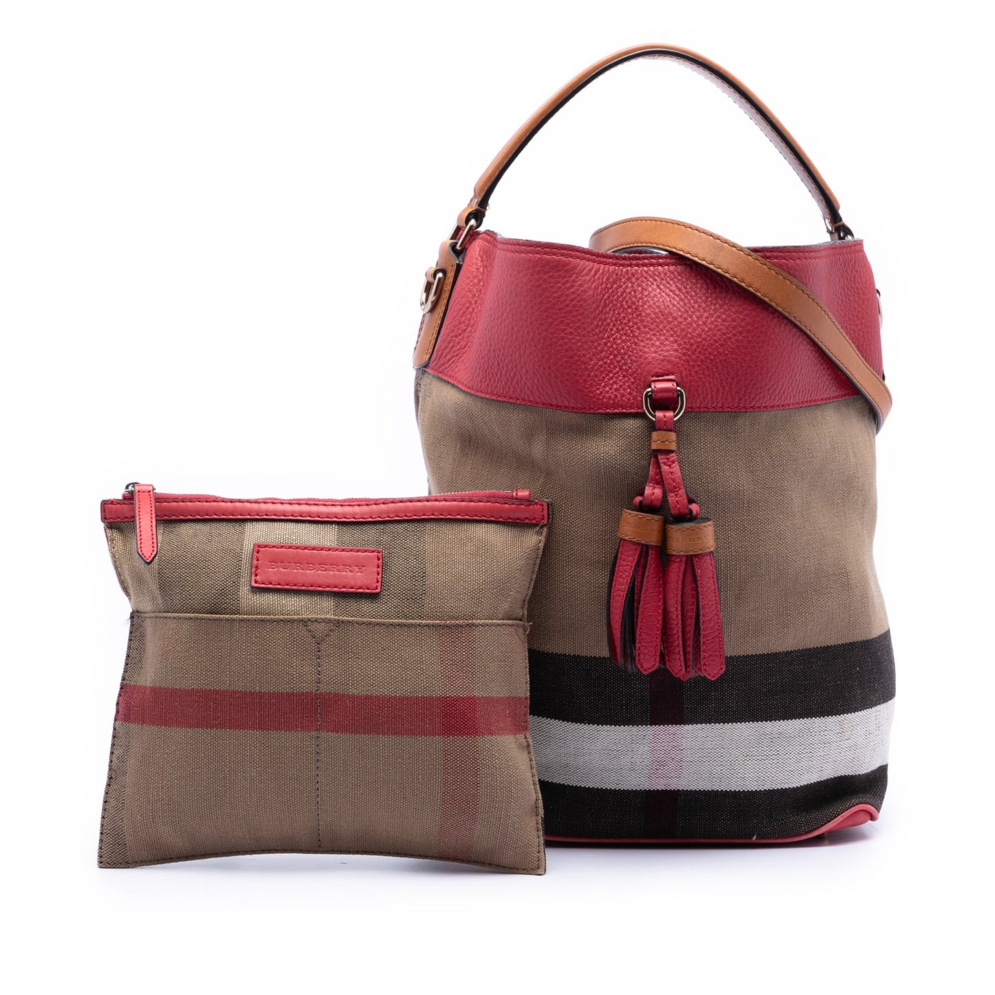 Burberry Medium Mega Check Canvas and Grained Calfskin Ashby Tassel Bucket Bag