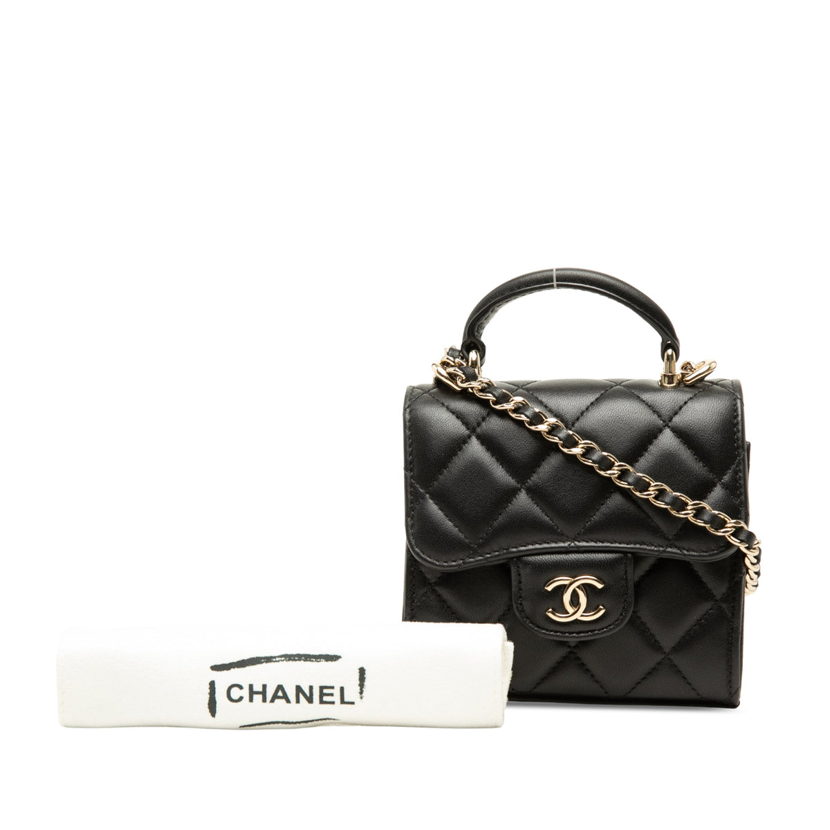 Chanel CC Quilted Lambskin Top Handle Flap Clutch With Chain