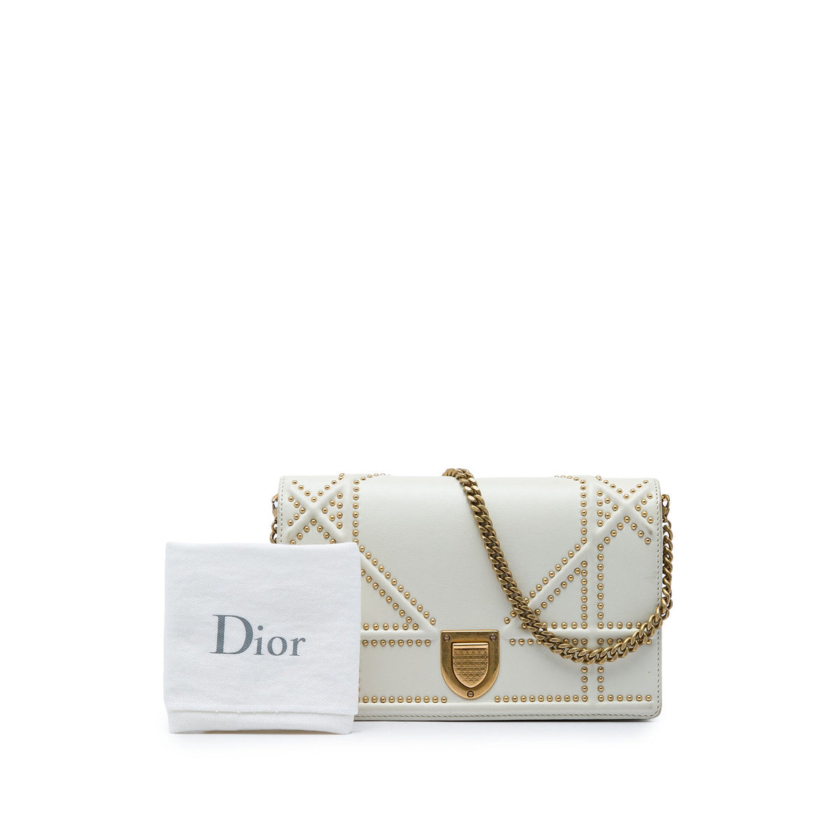 Dior Studded Calfskin Diorama Wallet on Chain — White