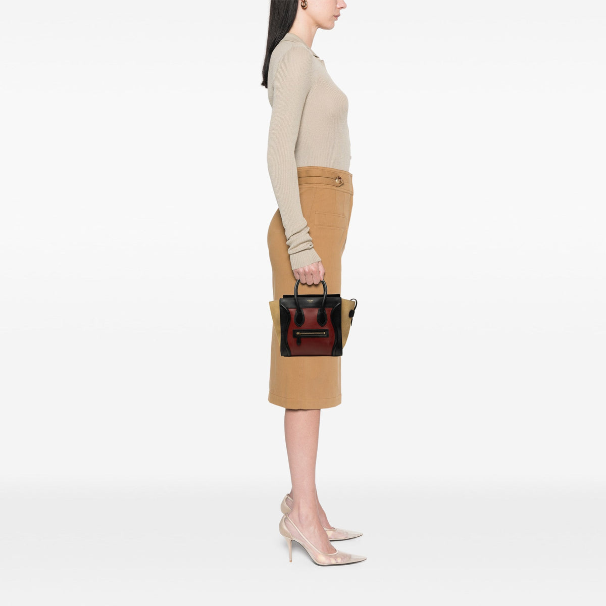 Celine Micro Tricolor Calfskin and Suede Luggage Tote — Red