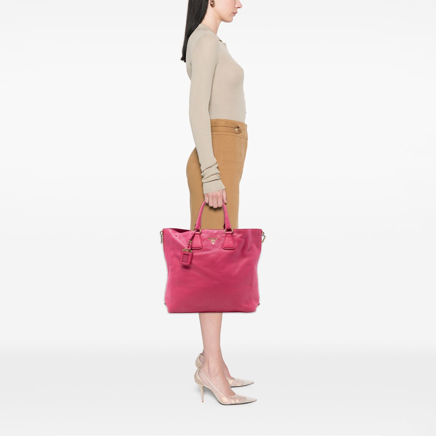 Prada Vitello Daino Side Zip Open Convertible Tote