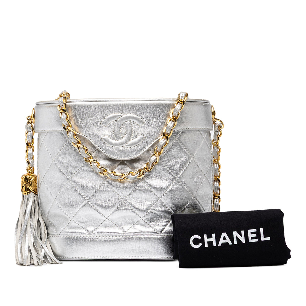 Chanel CC Quilted Metallic Lambskin Tassel Binocular Bag — Silver