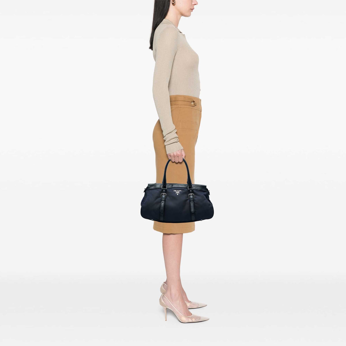 Prada Soft Calf Trimmed Tessuto Zip Top Satchel — Blue