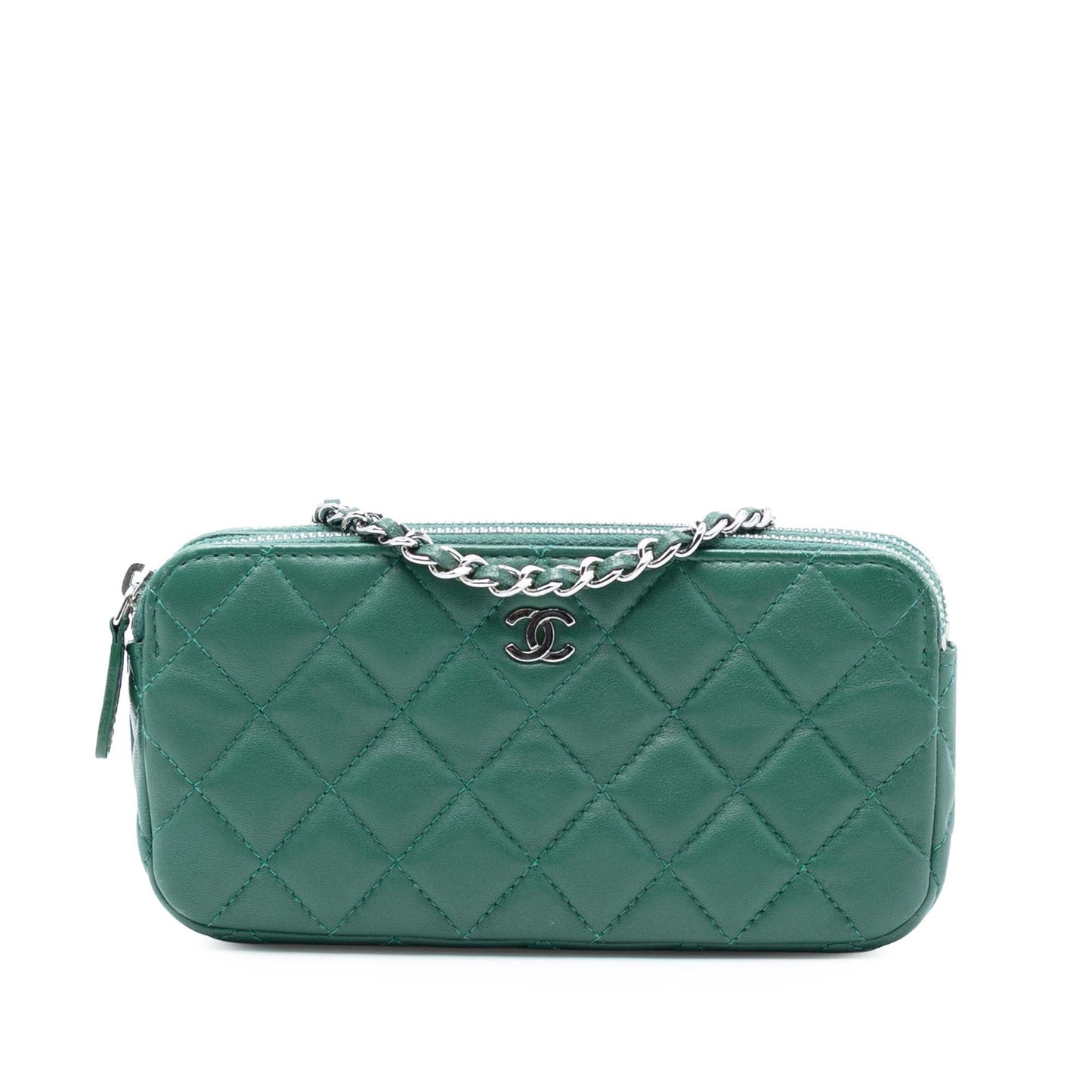 Chanel CC Quilted Lambskin Double Zip Clutch With Chain