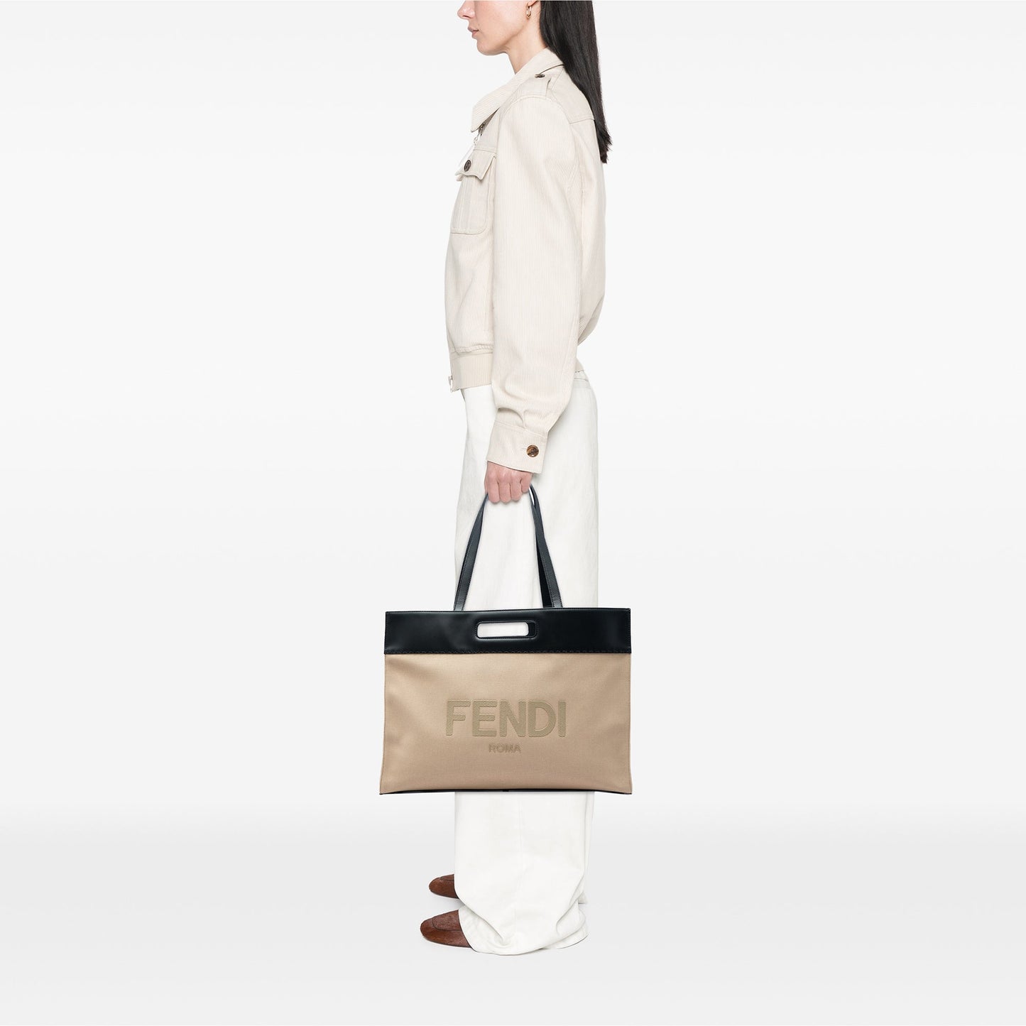 Fendi Canvas Logo Cut Out Handle Shopper Tote
