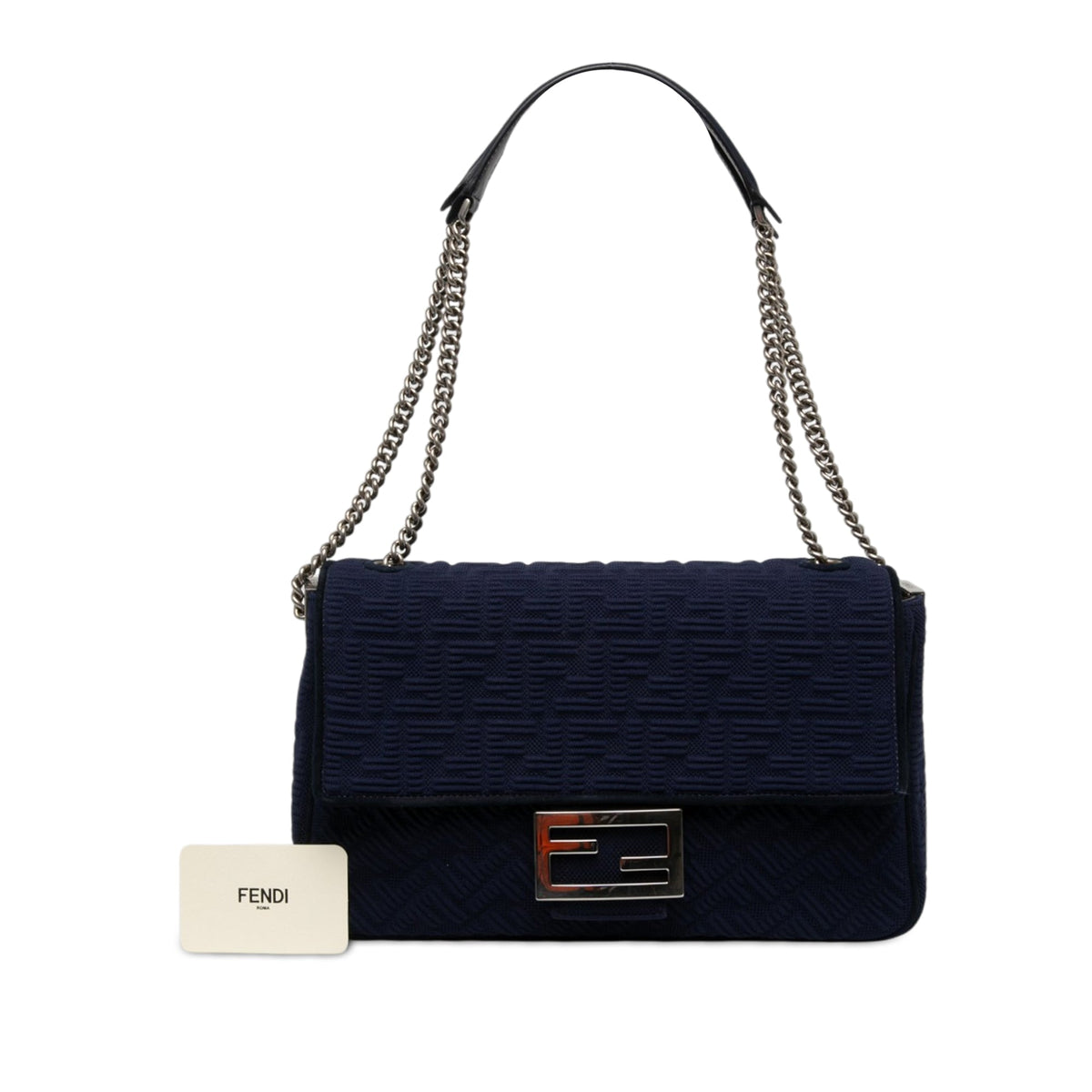 Fendi Large Zucca Embossed Technical Fabric Chain Midi Baguette — Blue