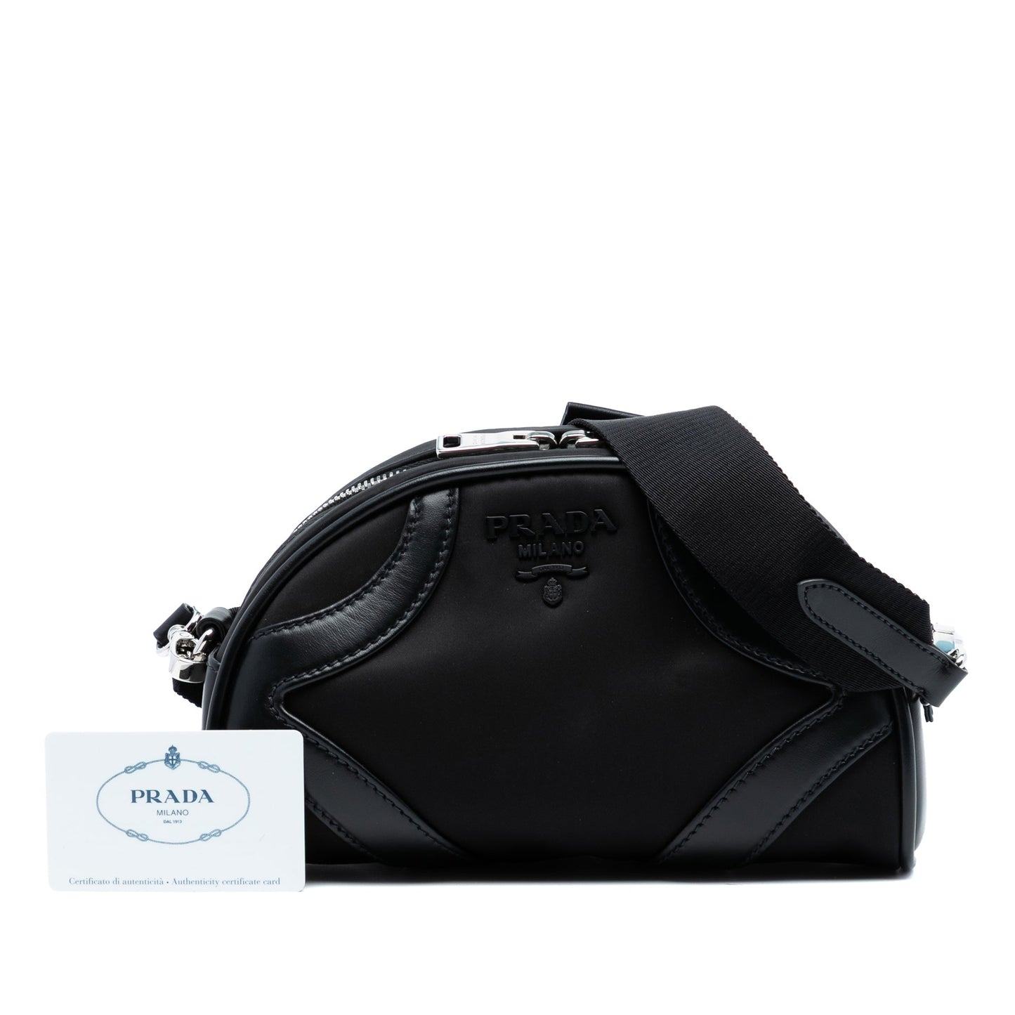 Prada Soft Calf Trimmed Tessuto Bowling Crossbody