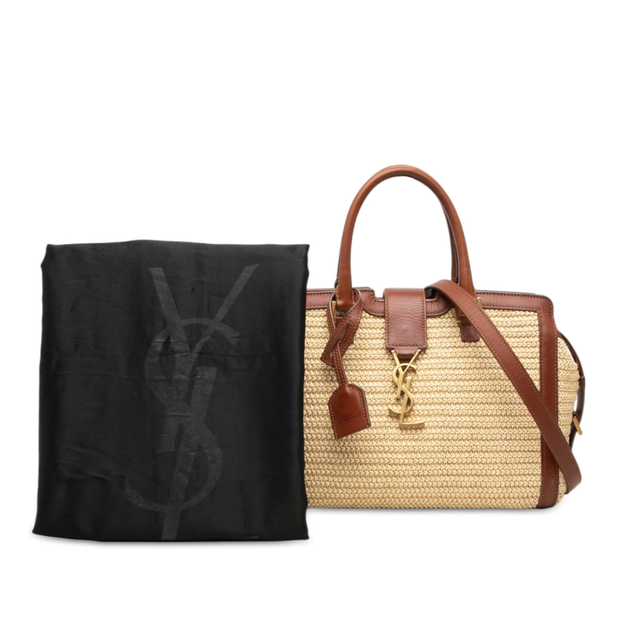 Saint Laurent Baby Raffia Monogram Downtown Cabas Satchel — Beige