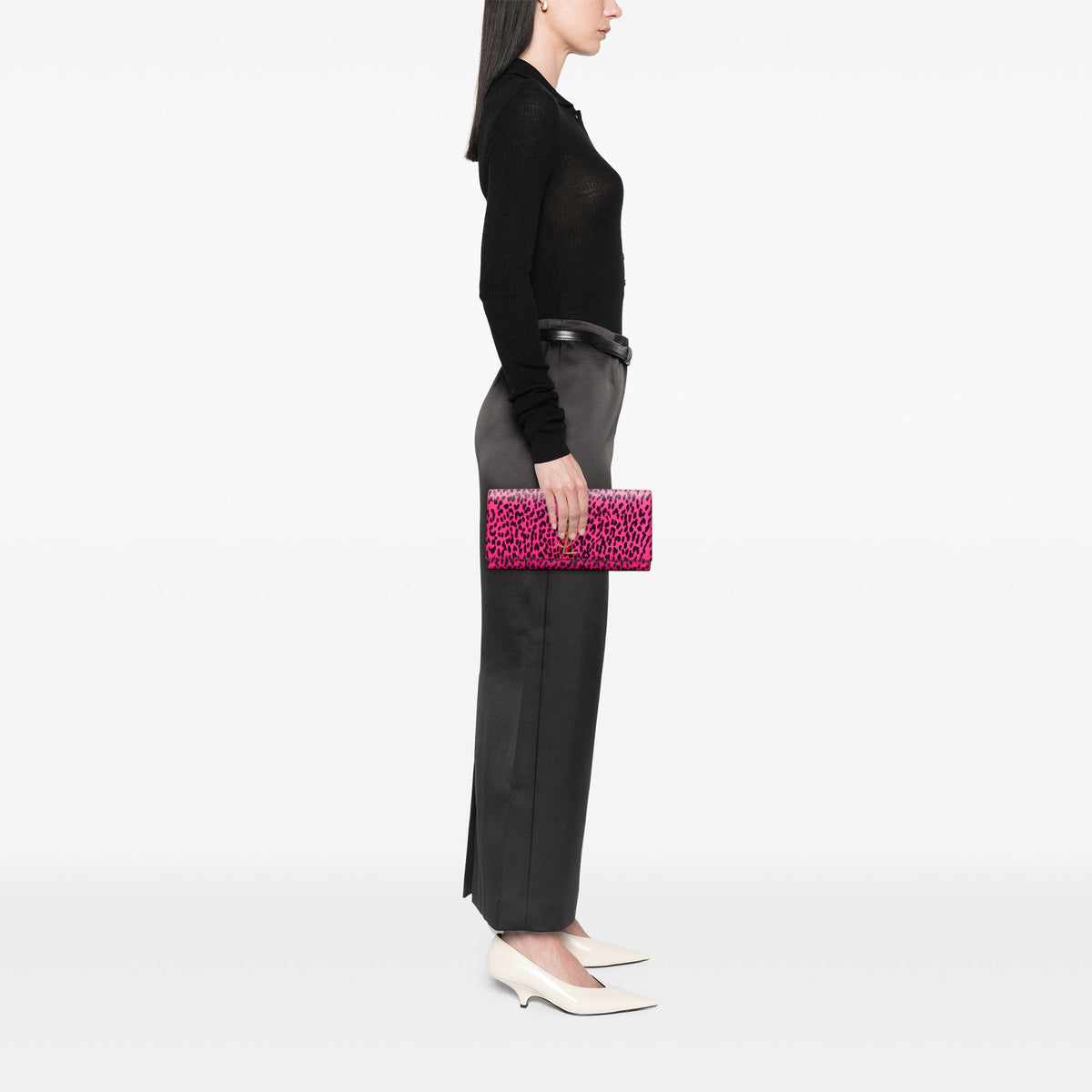 Saint Laurent Leather Leopard Print Monogram Cassandre Clutch — Pink