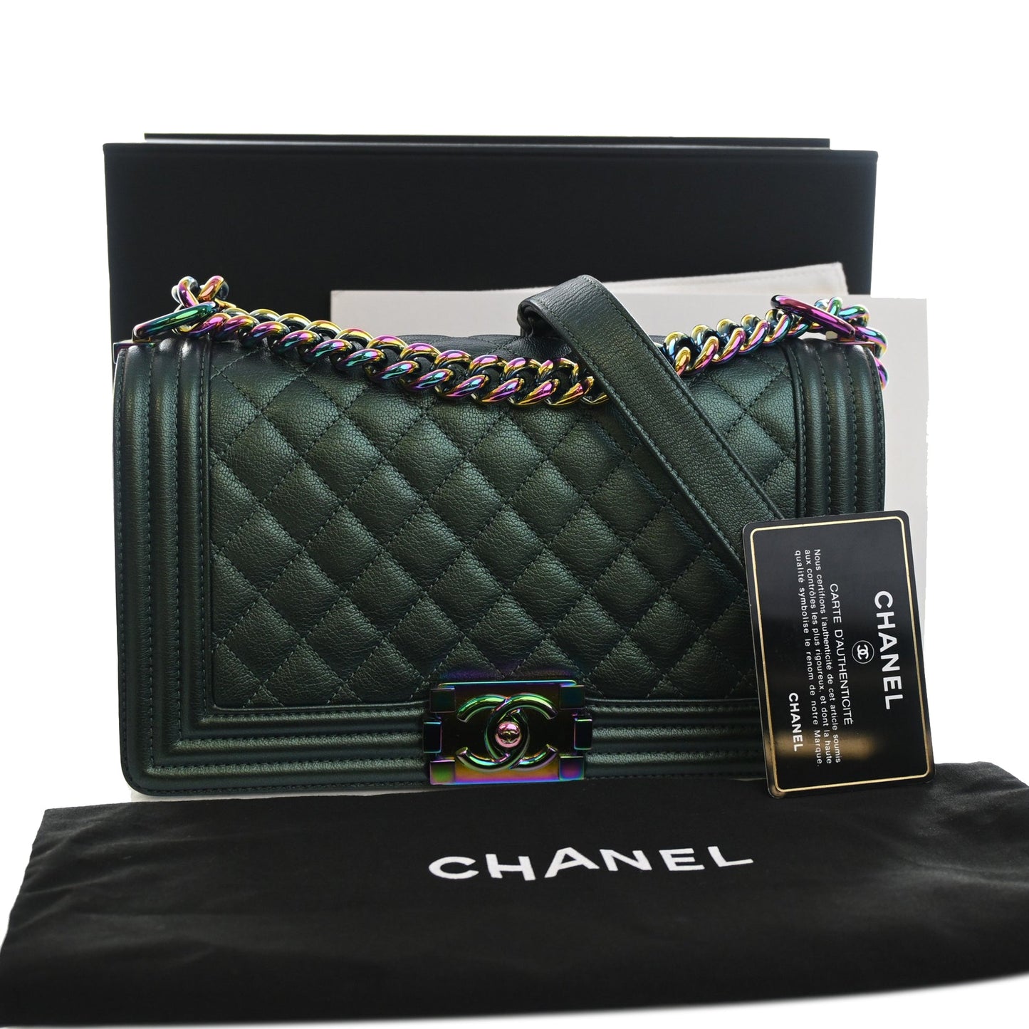 Chanel Old Medium Quilted Iridescent Goatskin Rainbow Hardware Boy Flap