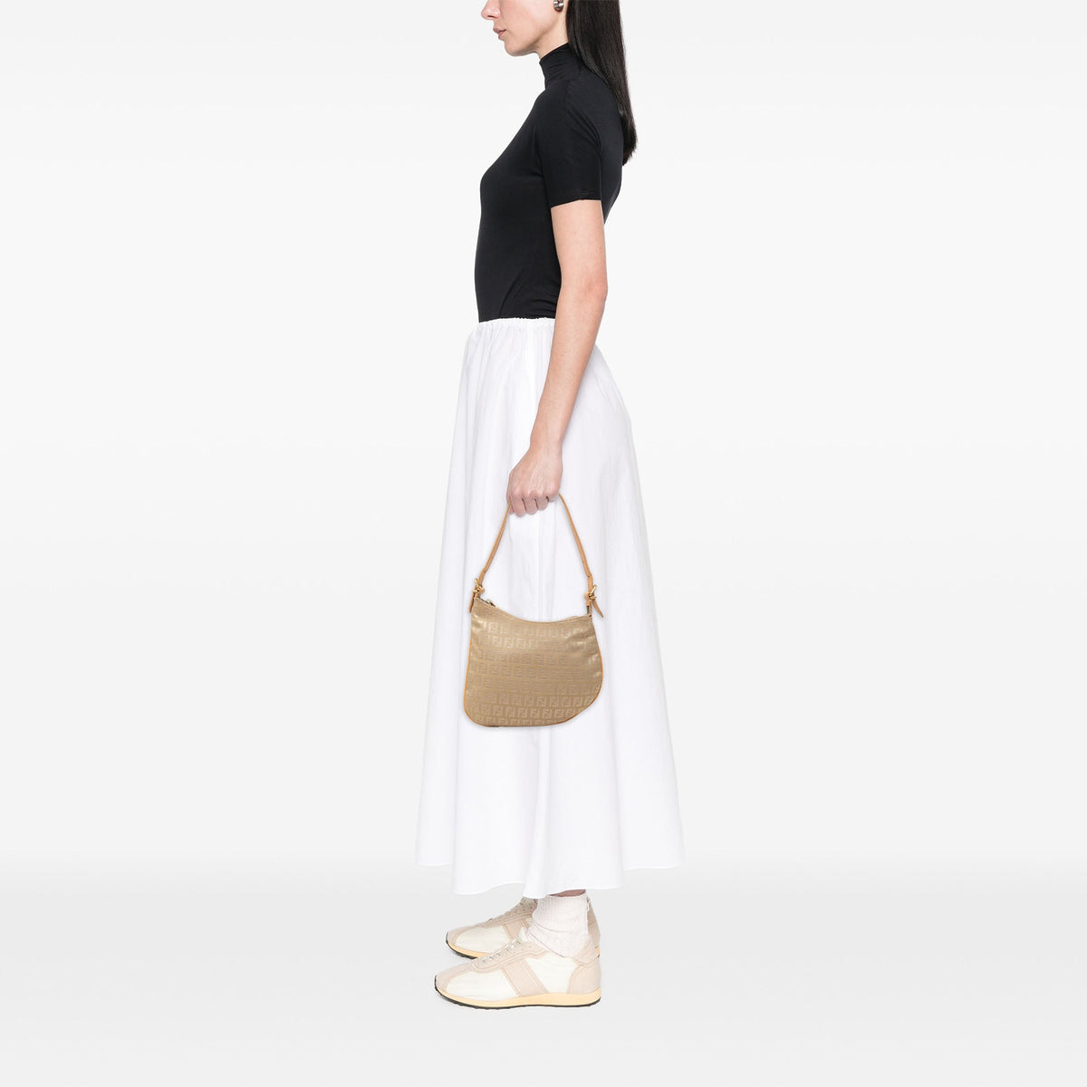 Fendi Zucchino Canvas Oyster Shoulder Bag — Beige