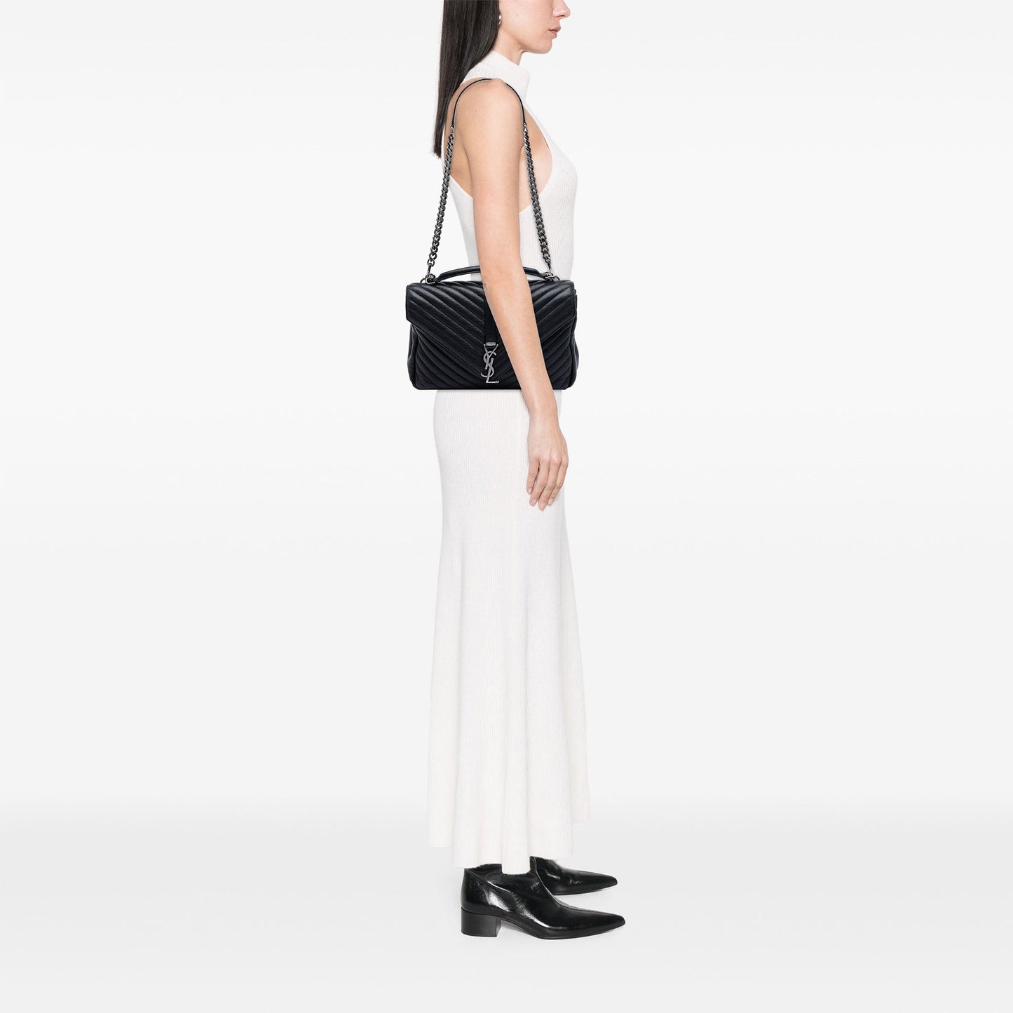Saint Laurent Large Sheepskin Chevron Monogram Monochrome College Bag