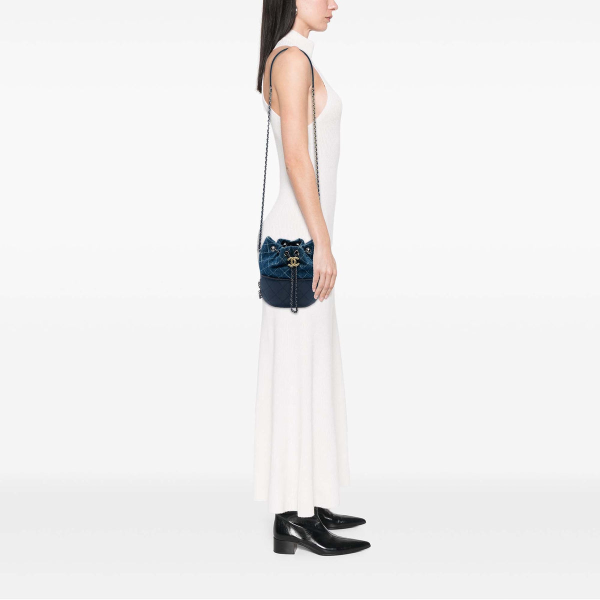 Chanel Small Printed Denim and Quilted Calfskin Gabrielle Bucket Bag — Blue