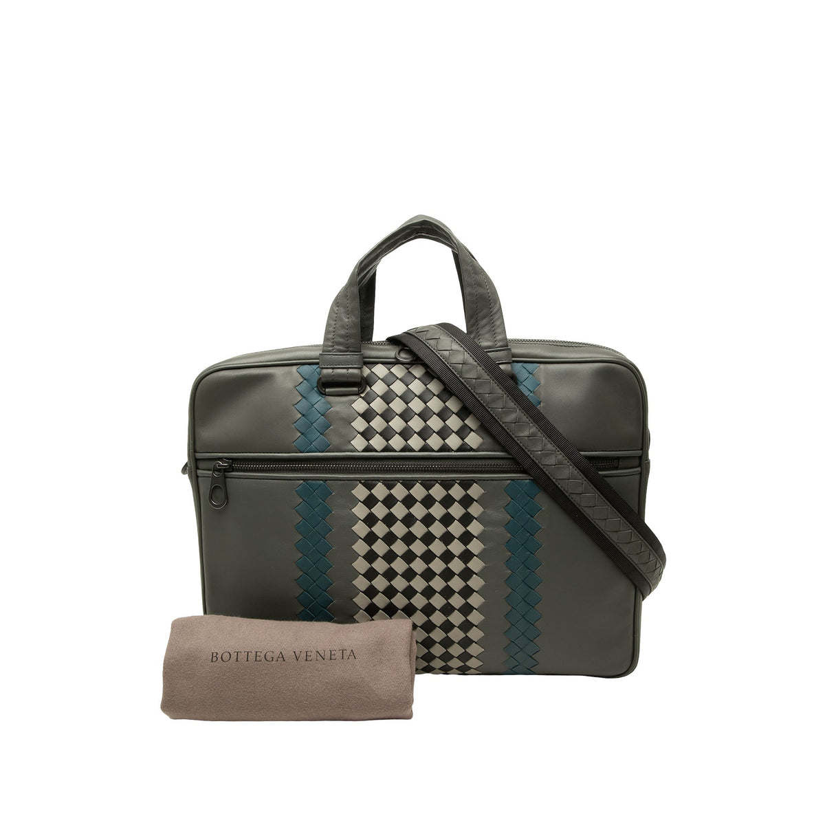 Bottega Veneta Intrecciato Trimmed Leather Briefcase — Gray