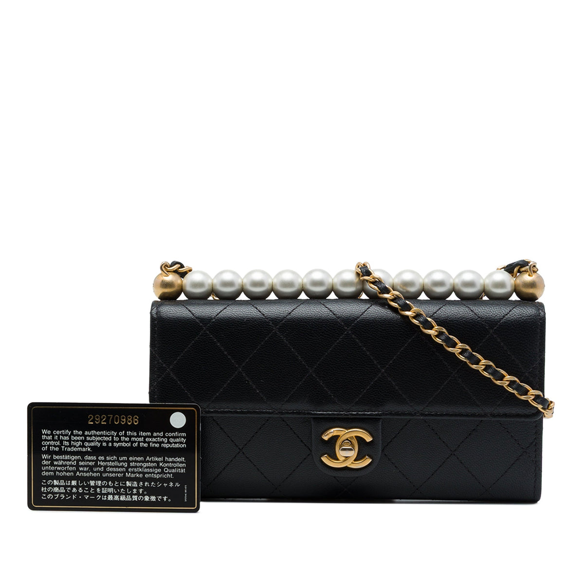Chanel Quilted Goatskin Chic Pearls Clutch with Chain — Black