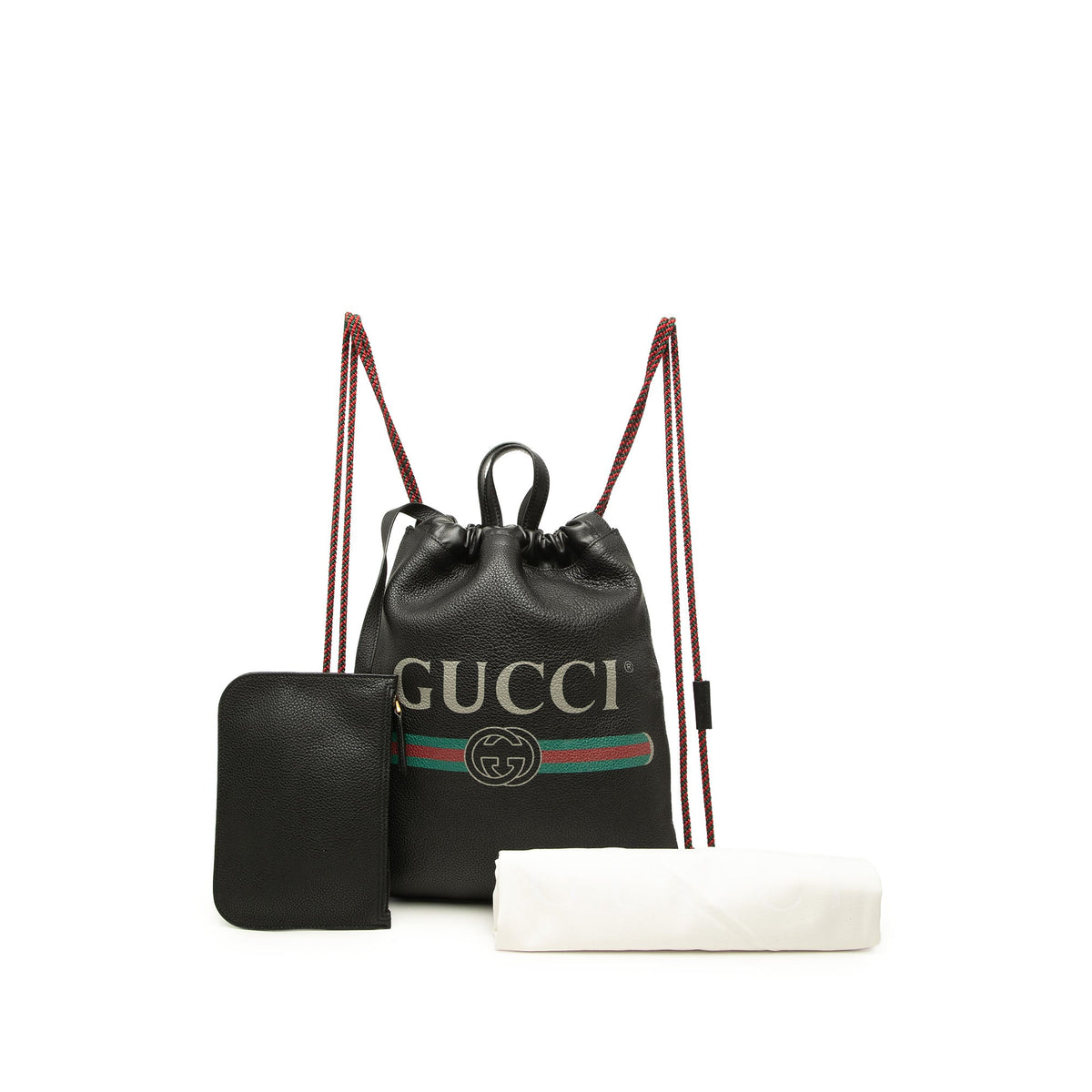 Gucci Leather Logo Drawstring Backpack — Black