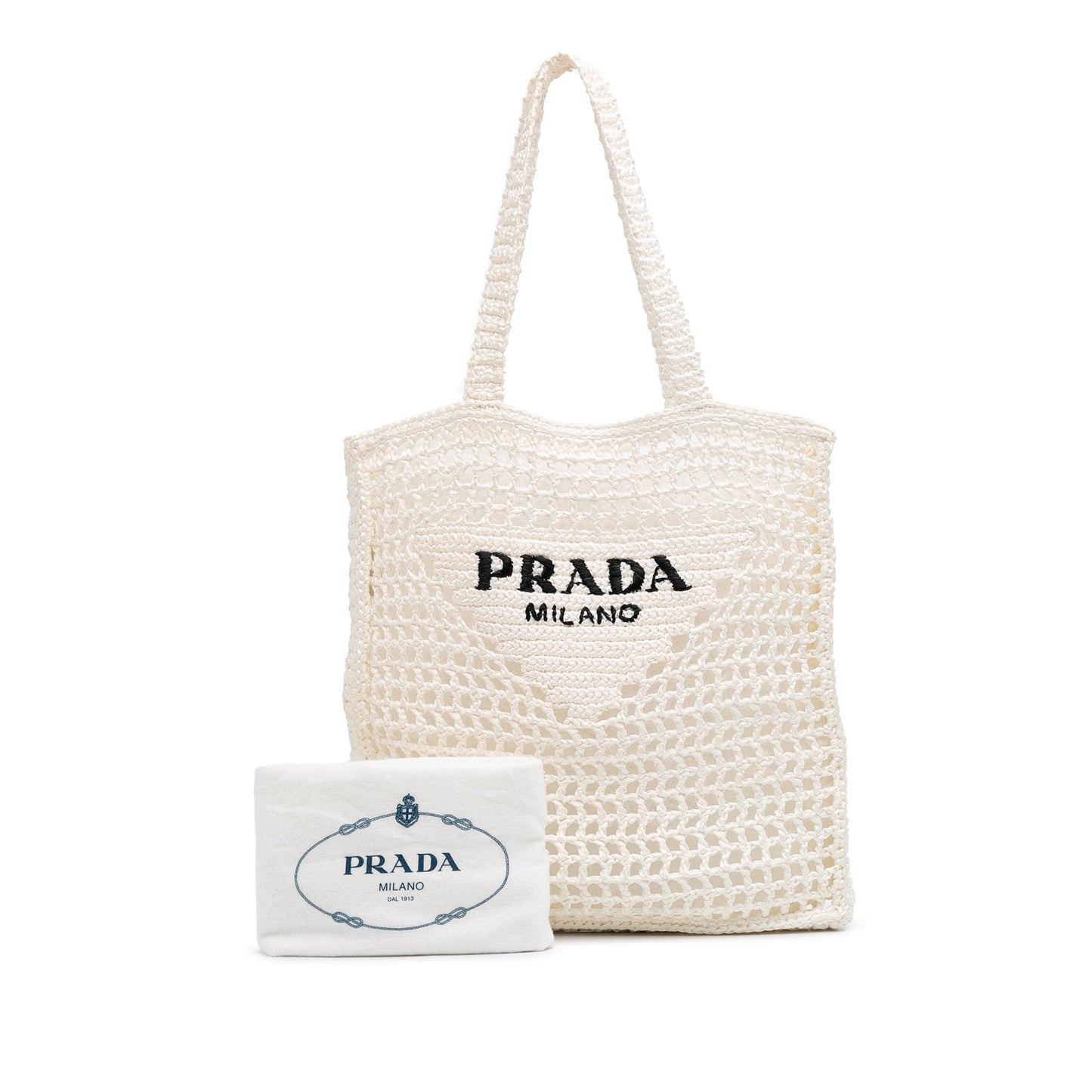 Prada Raffia Effect Crochet Logo Embroidered Tote