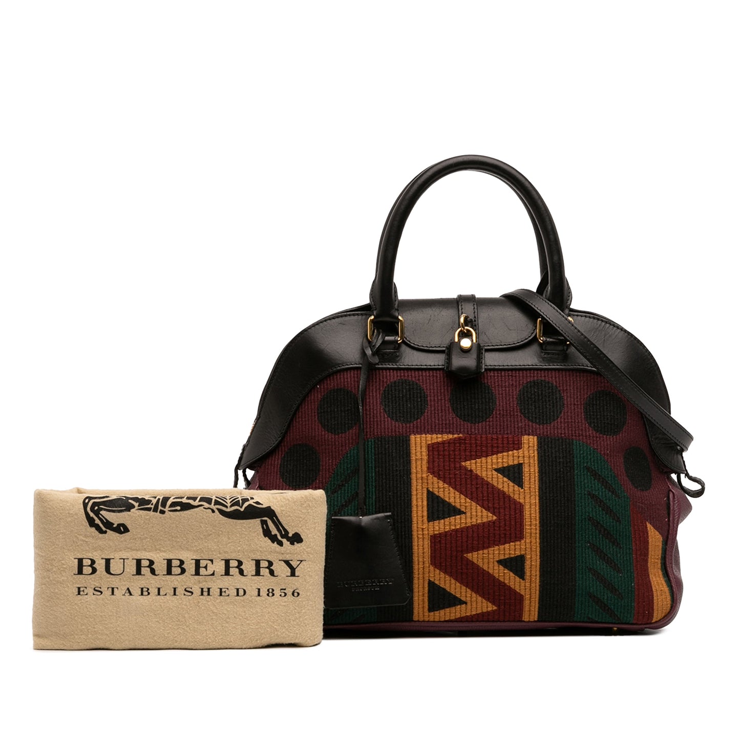 Burberry Medium Leather and Canvas Geometric Tapestry Milverton Bag