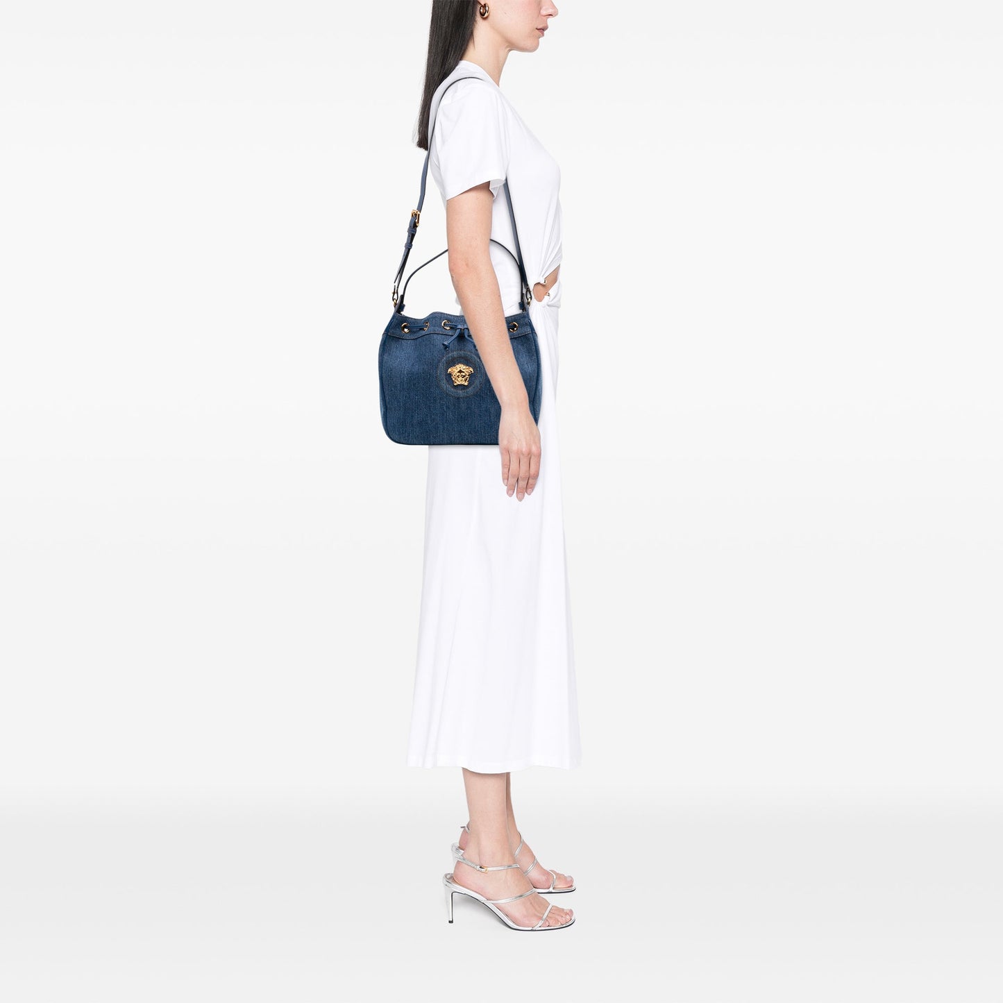 Versace Denim La Medusa Drawstring Bucket Bag