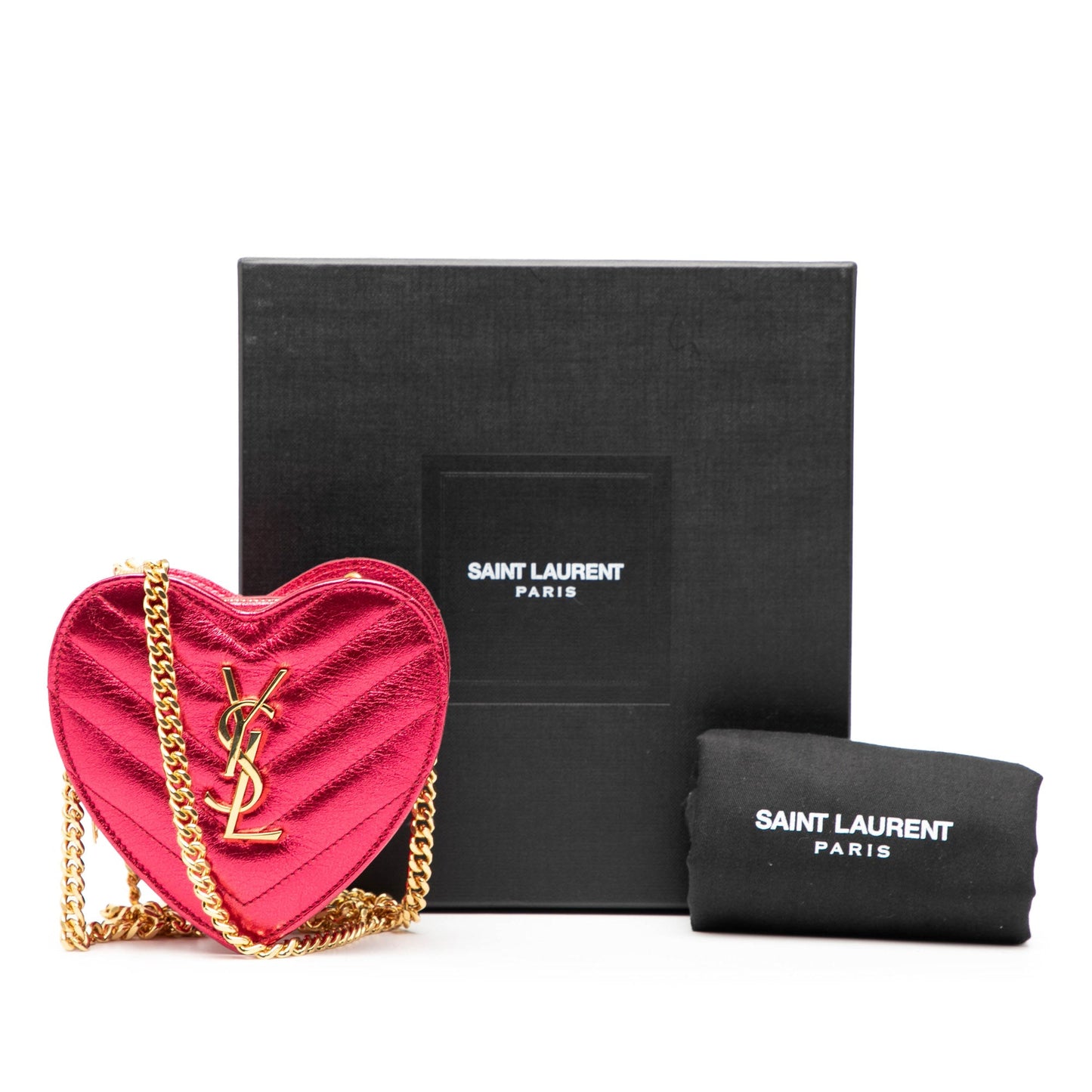 Saint Laurent Mini Metallic Leather Chevron Monogram Love Heart Chain Bag
