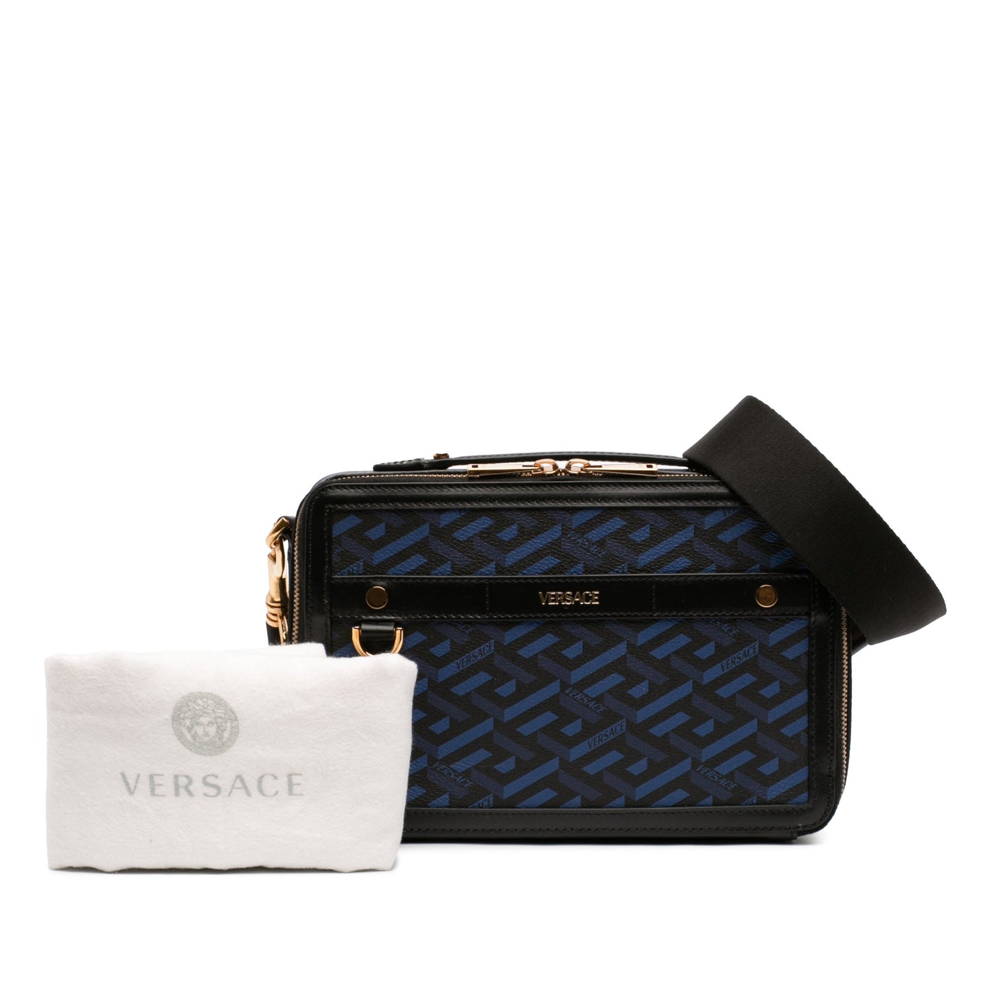 Versace Coated Canvas La Greca Zip Around Messenger Bag