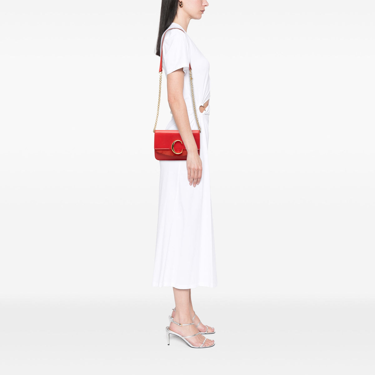 Chloé Mini Calfskin and Suede C Chain Crossbody — Red