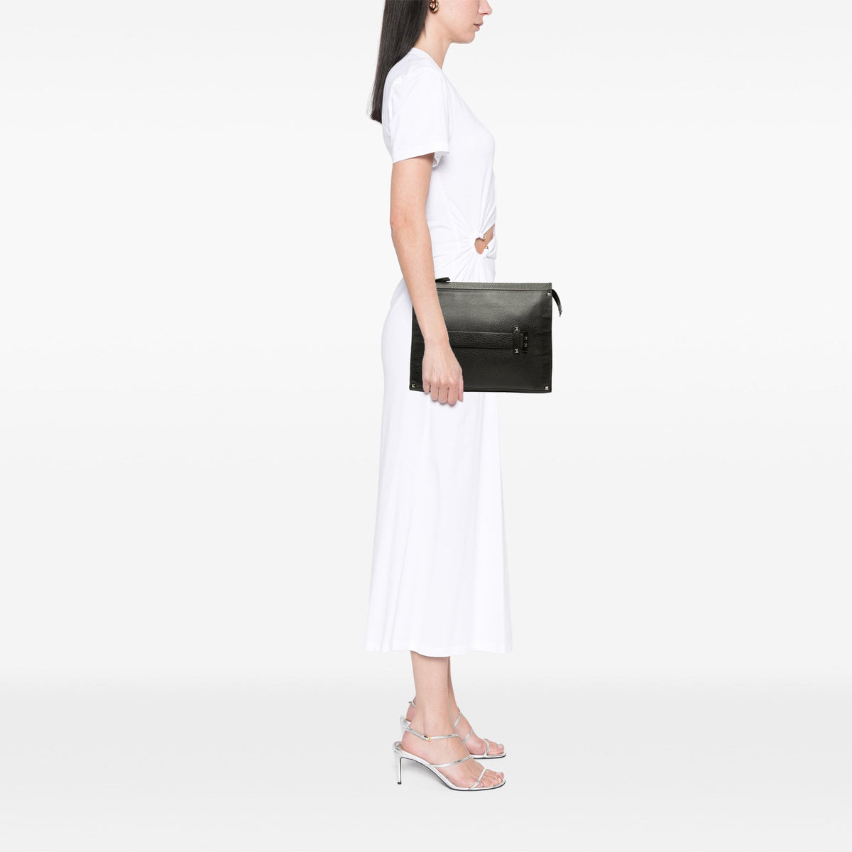 Valentino Grained Calfskin Rockstud Clutch — Black