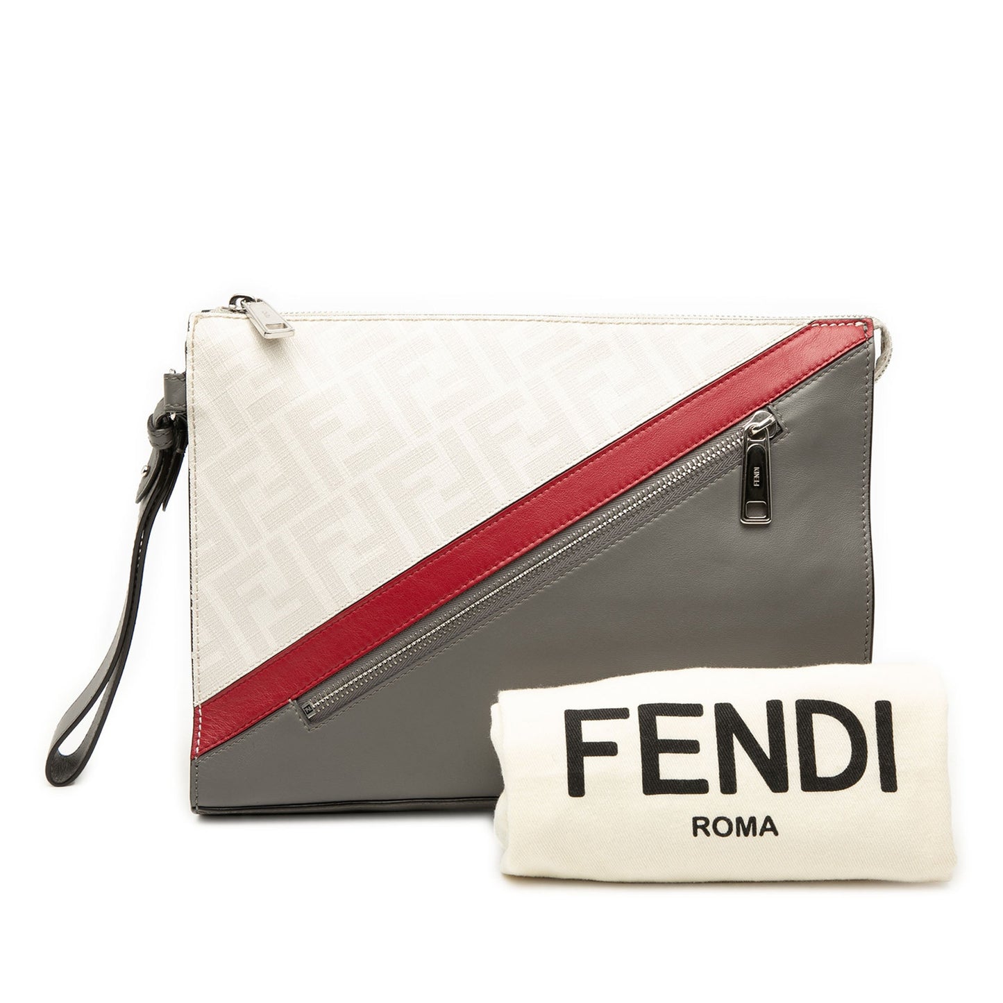 Fendi Zucca Coated Canvas FF 1974 Diagonal Vitello Liberty Front Zip Clutch