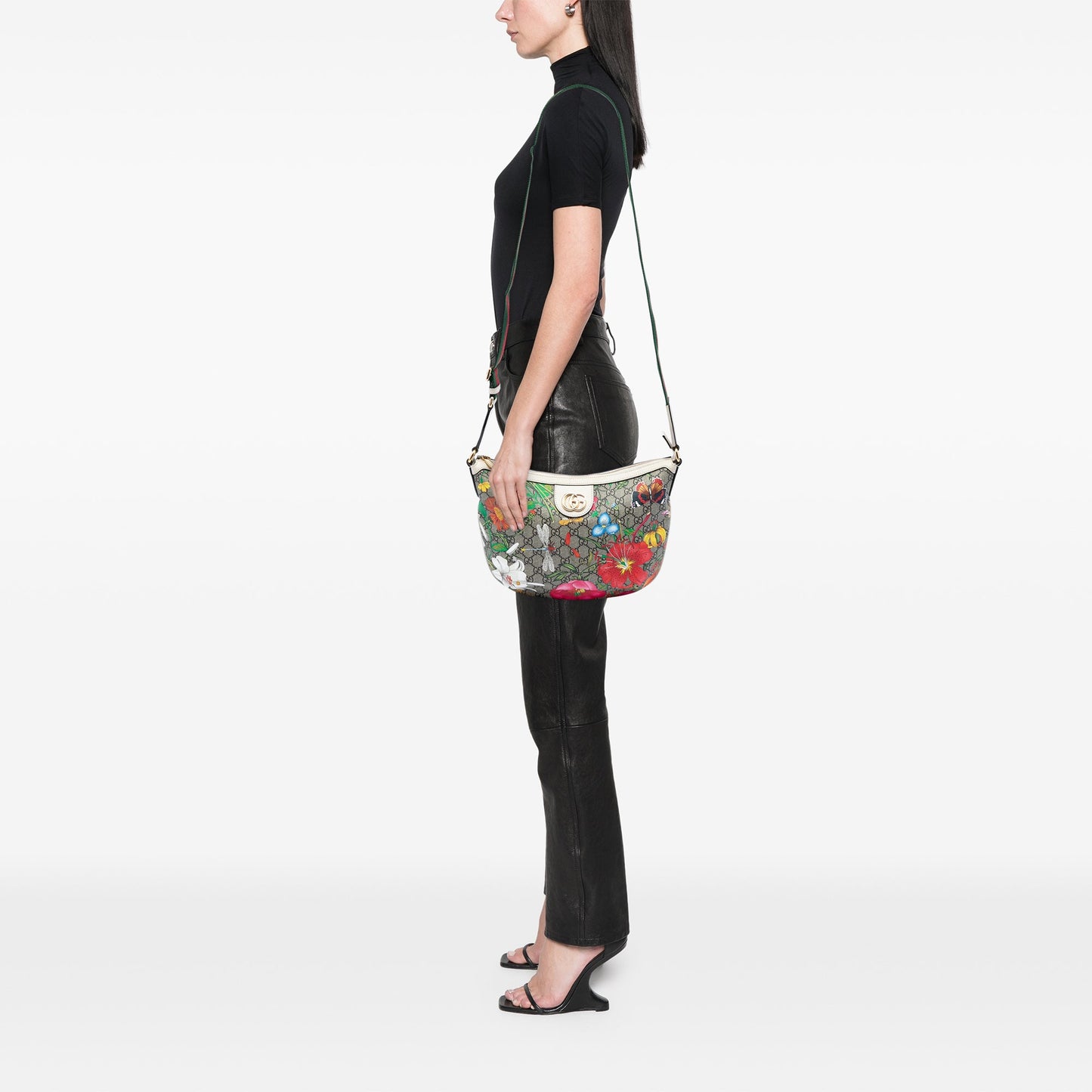 Gucci Small GG Supreme Web Ophidia Flora Half Moon Crossbody