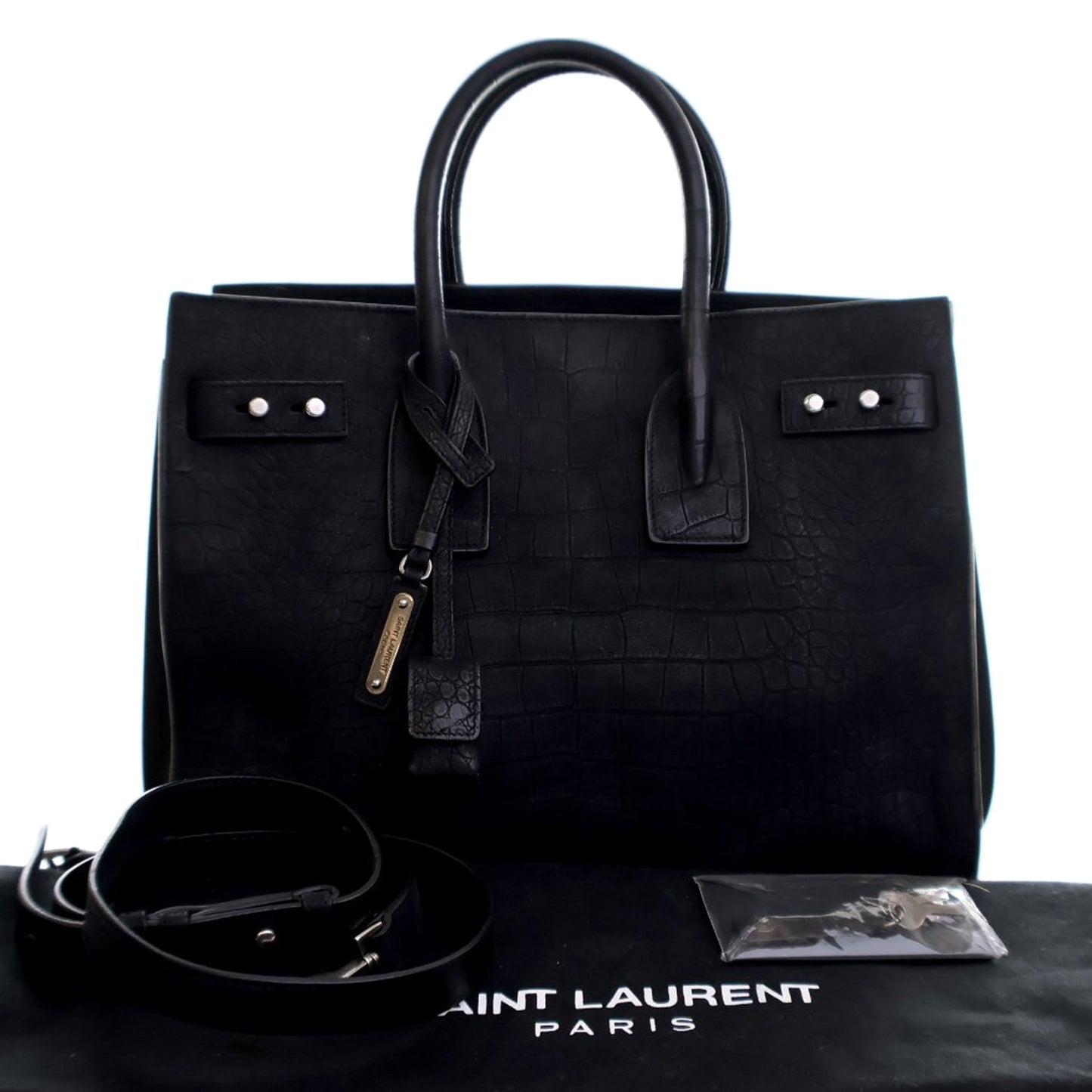 Saint Laurent Small Croc Embossed Suede Sac De Jour Satchel