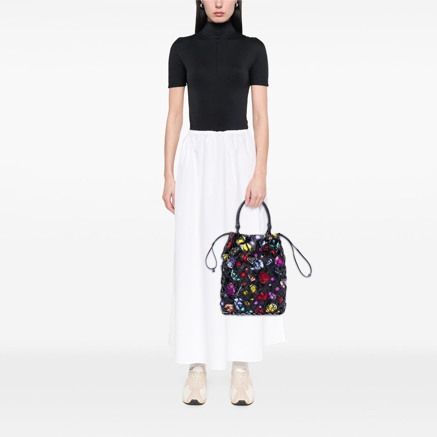 Mesh Leather and Floral Printed Tessuto Tote