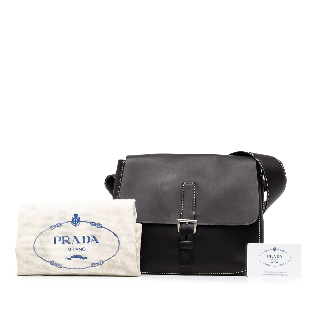 Prada Calfskin Buckle Messenger Bag — Black