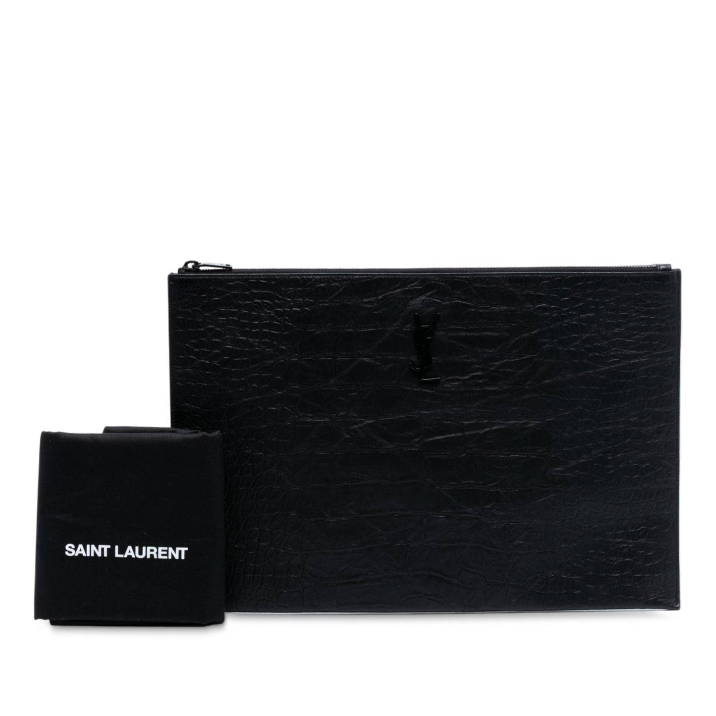 Saint Laurent Croc Embossed Leather Monogram Clutch