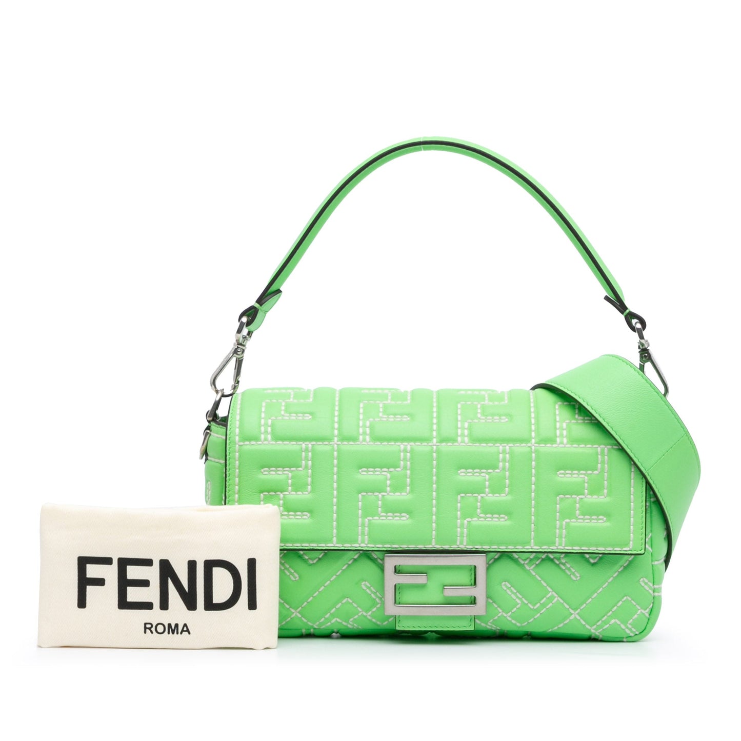 Fendi Zucca Embossed Stitched Leather Baguette Satchel
