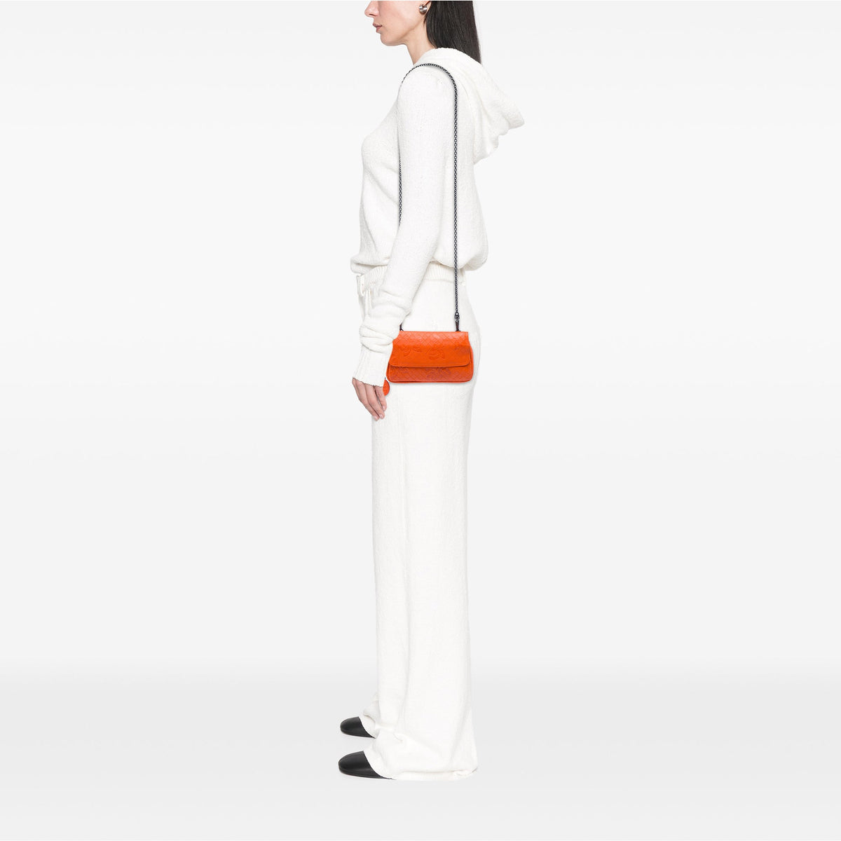 Bottega Veneta Small Calfskin Intrecciomirage Embossed Butterfly Chain Crossbody — Orange