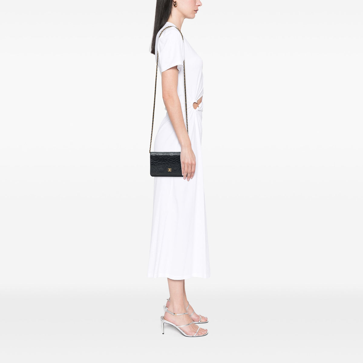 Chanel CC Embossed Lambskin Camellia Wallet On Chain — Black